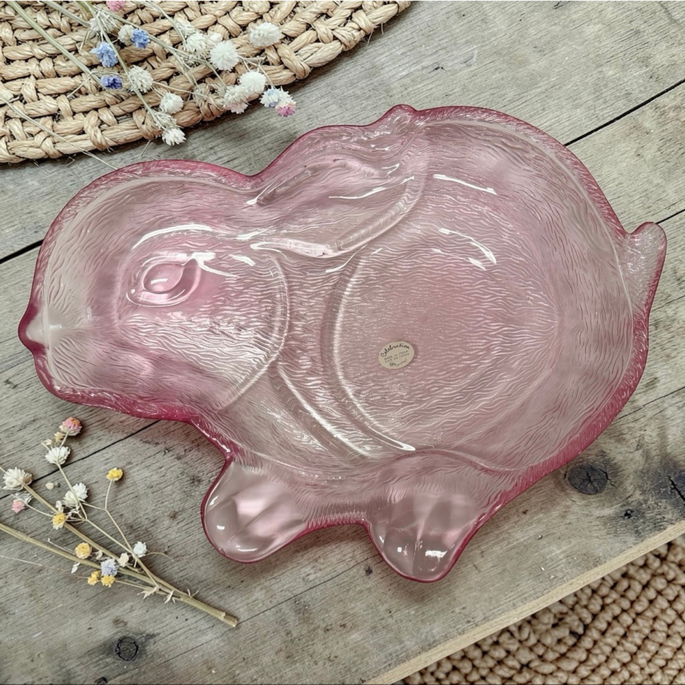 Pink Glass Bunny Rabbit Dish Easter Spring Candy Trinket Tray Decor